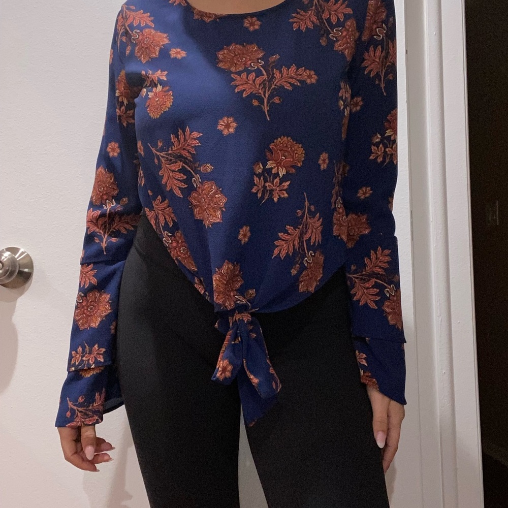 Self❤️e Navy Blue Long Sleeve Crop top Shirt With Orange Flowers
